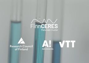Logo of FinnCERES Materials Cluster with logos of Research Council of Finland, Aalto University, and VTT on a grey background.