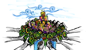 A white background, with a green city in the centre supported by multiple hands reaching out from the surroundings
