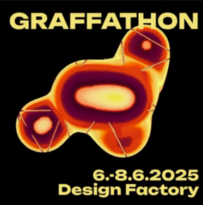 Graffathon event poster featuring abstract shapes and dates 6-8 June 2025 at Design Factory.