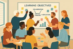 Diverse group in a classroom discussing learning objectives with a mind map on the whiteboard.