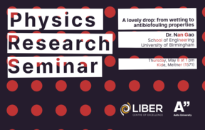 Fysiikan tutkimusseminaarin juliste. Dr. Nan Gaon esitys 8. toukokuuta klo 13. Järjestäjä: LIBER ja Aalto-yliopisto.
