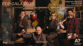Four people dressed in workwear and suits with tools, accordion, and props promoting PDP Gala 2025.