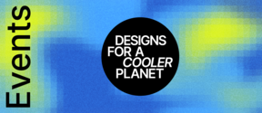 A blue-green heatmap-style background with a black circle in the center. Inside the circle, white text reads: Designs for a Cooler Planet. On the left, the word 'Events' appears on black. The image serves as a visual header for Aalto University’s Designs for a Cooler Planet events calendar.
