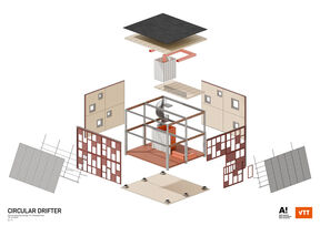 Illustration of the Circular Drifter Project: Exploded view of a building structure showing various layers and components, including walls, roof, and foundation.