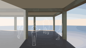 Illustration of five people in an open structure overlooking the sea, outlined in white, with the sky and sea in the background. Illustration from the diploma work of Jessica Eerikas.