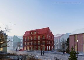 A red building with shops and gallery on a snowy street with pedestrians, surrounded by colourful houses in the background. The picture is from a diploma work by Taika Pirilä.