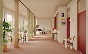 Bright room with large windows, a grand piano, wooden columns, potted plants, tables, chairs, and red doors.