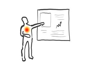 A sketched person pointing to a presentation board with data and a rising graph. A red spot is on their chest.