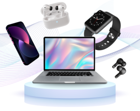 Kuva esittää modernia mobiiliekosysteemiä, jossa puhelimet, tietokoneet, älykellot ja kuulokkeet yhdistyvät saumattomasti.