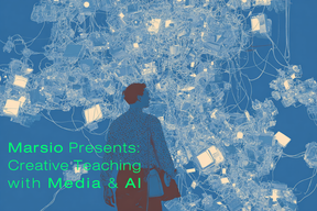 A person looking up at a chaotic network of computer screens and hardware. Text reads: Marsio Presents: Creative Teaching with Media & AI.