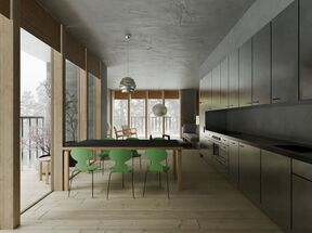 Modern kitchen and dining area with wooden floor, black countertops, green chairs, and large windows.