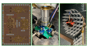 Three images showing: (1) die microphotograph of a prototype integrated circuit, (2) its measurement setup in a probe station, and (3) its measurement setup in an antenna chamber.