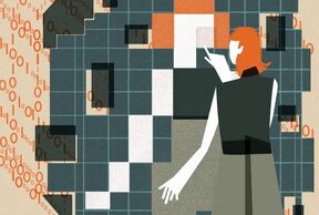 Punatukkainen nainen vuorovaikuttaa digitaalisen ruudukon kanssa, ympärillä binäärikoodia.