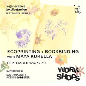 Poster for ecoprinting and bookbinding workshop by Maya Kurella on September 17th, 17-19. Supported by Sustainability Action Booster.