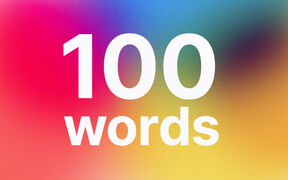 Text '100 words' in white on a vibrant gradient background of pink, blue, green, yellow, and orange.