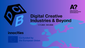 Digital Creative Industries and Beyond -hankkeen banneri ja logo, Aalto-yliopiston logo, Euroopan kartta ja EU-logo
