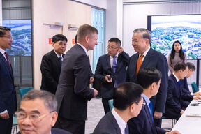 Affärsmöte med män i kostymer stående och sittande runt ett bord, en skärm med landskapsbild i bakgrunden.