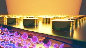 Spin-wave propagation in a hybrid magnonic–plasmonic system under laser-induced plasmon excitation. Image by: Nikolai Kuznetsov