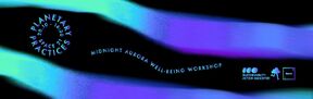 A graphic showing text 'Planetary Practices' and 'Midnight Aurora Well-Being Workshop' on a black background with colourful auroras.