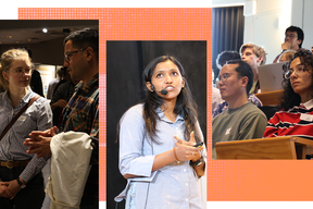 A collage of people at an event, some looking at a display, one speaking, and others listening seated.