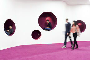 Students working and walking