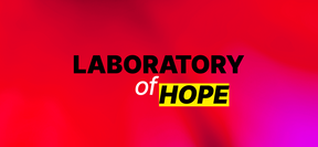 Text 'LABORATORY of HOPE' on a vibrant red and purple background. 'HOPE' is highlighted in yellow.