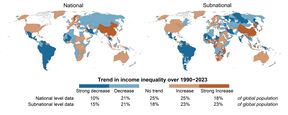Two world maps showing trends in income inequality from 1990 to 2023, with national and subnational data in different colours.