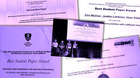 Keskellä valokuva Eloi Molinerista ja tiimitovereista konferenssin lavalla, ympärillä kuvat palkinnoista.