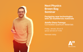 Man in a beige sweater holding a pen. Next Physics Brown Bag Seminar details on orange background.