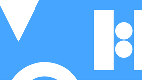 Abstract design with blue background, white circles, and white geometric shapes.