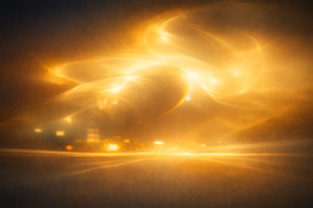 A glowing, abstract light pattern over a blurry city at night.