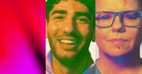 A triptych image with vibrant colours. Left: red and purple gradient. Centre and right: blurred faces with colourful backgrounds.