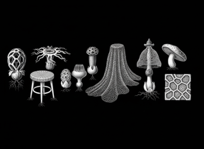 A collection of various intricate, white fungi illustrations on a black background.