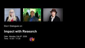 Event poster with three people, titled 'Impact with Research'. Date: Monday, Feb 9th 2026. Time: 15:30 – 17:30.