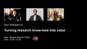 Event poster with three people and text about turning research into value. Date: Monday, March 2nd 2026. Time: 15:30 – 17:30.