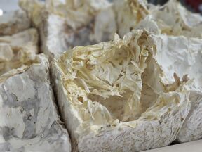 Close-up of several blocks of white and beige, paper-like  Mycelium with textured surfaces.