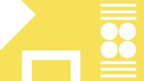 Yellow background with white circles and rectangles arranged in a pattern.