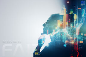 Ajatteleva henkilön siluetti, jonka oikealla puolella on värikkäitä digitaalisia tietoja ja grafiikkaa.