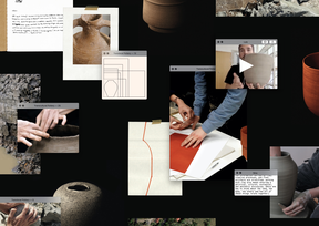 Collage of pottery images, sketches, and hands working with clay. Includes text, diagrams, and pottery pieces on a black background.