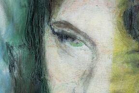 Close-up of a painting showing a green eye, dark eyebrow, and textured background with green and yellow hues.