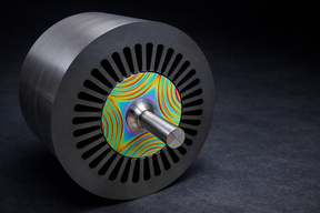 Cylindrical electric rotor with slotted rim and central shaft; inner surface shows colorful contour map of stress or field distribution.