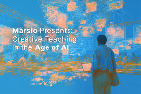 A person stands in front of a screen displaying 'Marsio Presents: Creative Teaching in the Age of AI'.