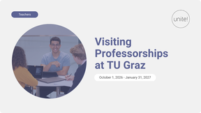 Three people having a discussion at a table with laptops. Text: Visiting Professorships at TU Graz, October 1, 2026 - January 31, 2027.