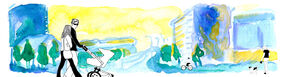 Watercolour cityscape with people walking. A couple with a pram, a cyclist, and a person with a dog are visible.