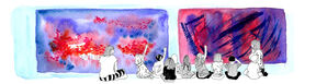 A group of children sitting and pointing at two abstract paintings in red, blue, and purple hues.
