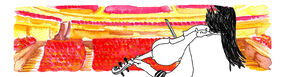 Illustration of a violinist playing on stage with a vibrant red and yellow auditorium in the background.