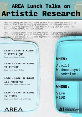 Poster for AREA Lunch Talks on artistic research, with turquoise lunch trays and April Wednesday dates listed.