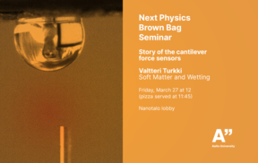 Poster for a physics seminar at Aalto University about cantilever force sensors. Image shows a spherical object in orange hue.