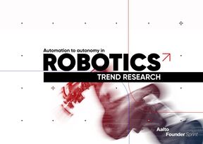 Text: Automation to autonomy in ROBOTICS, TREND RESEARCH. Background image of a robotic arm in motion.