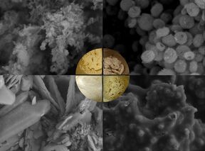 SEM-mikrokuvat ja valokuvat eri lähtöaineista valmistetuista grafiittisen hiilinitridin fotokatalyyteistä.